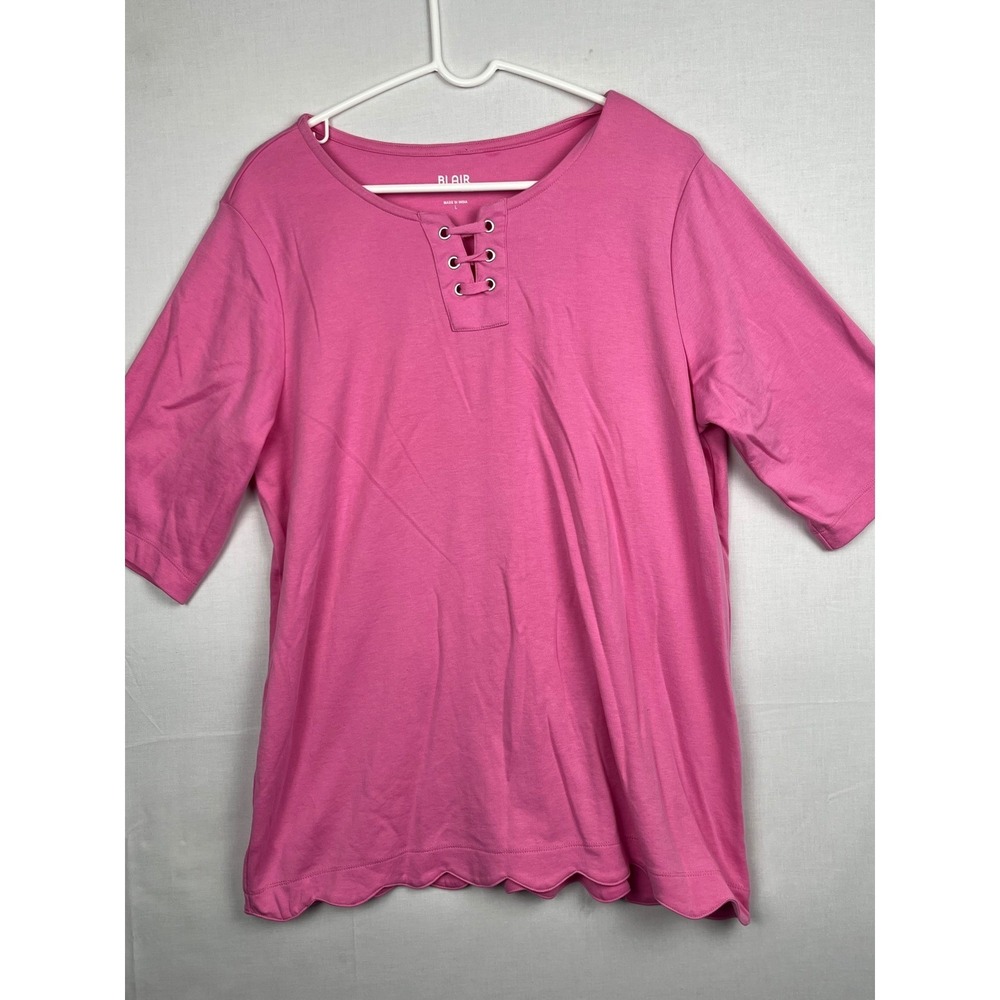 Blairโ Womens Pink Lace Up Grommet Neck Scallop Hem Knit Top Size L